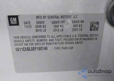 2014 Chevrolet Malibu 1Lt z USA, uszkodzony, nr VIN 1G11C5SL3EF180149